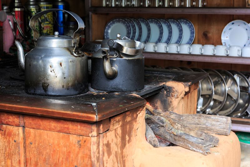 Nepal teahouse kitchen kettle and crockery